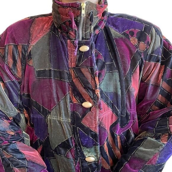 Vintage 80s Oversized Womens Velvet Jewel Toned Geometric Retro Ski Jacket Sz M - Picture 4 of 9